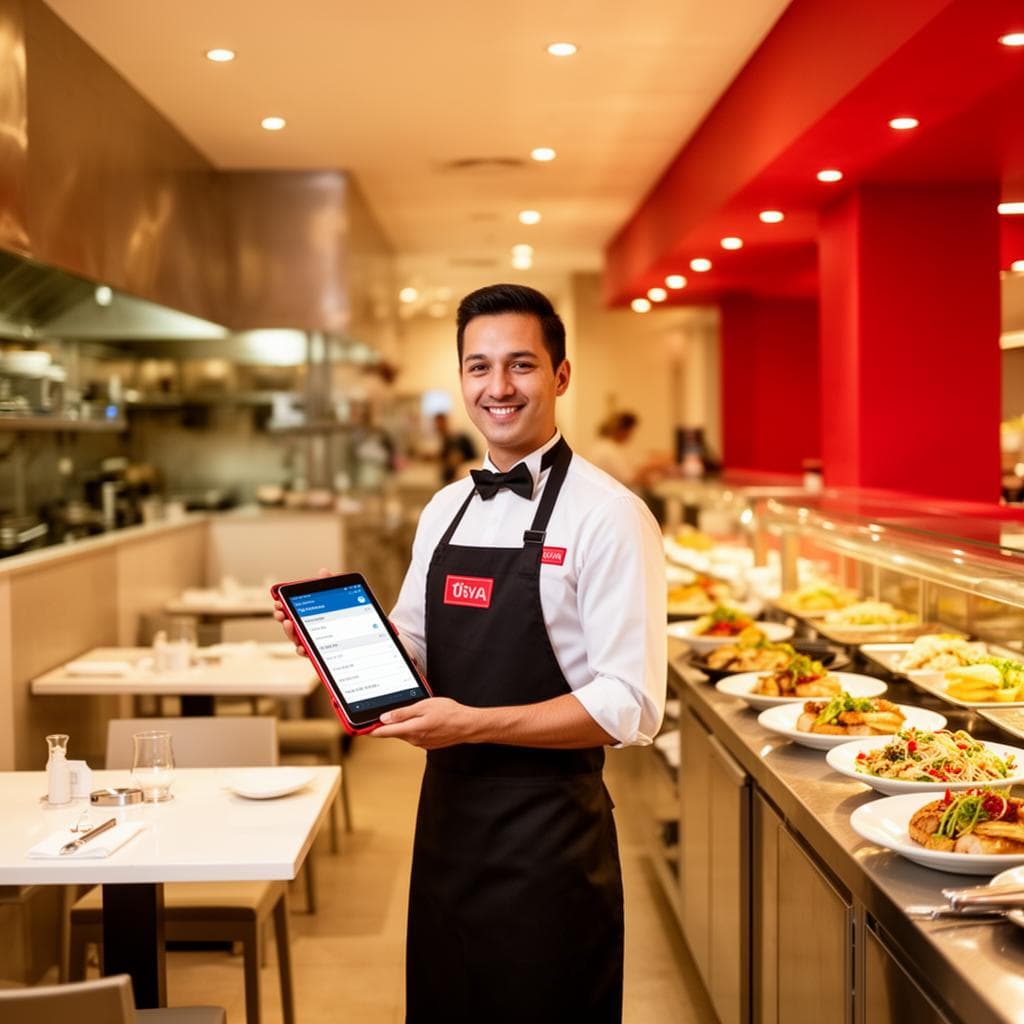 Chef usando tablet com pedidos organizados na cozinha